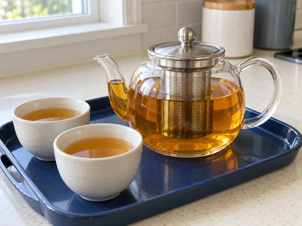 A glass teapot of amber tea with a metal infuser and two ceramic cups on an indigo tray on a pale kitchen counter.