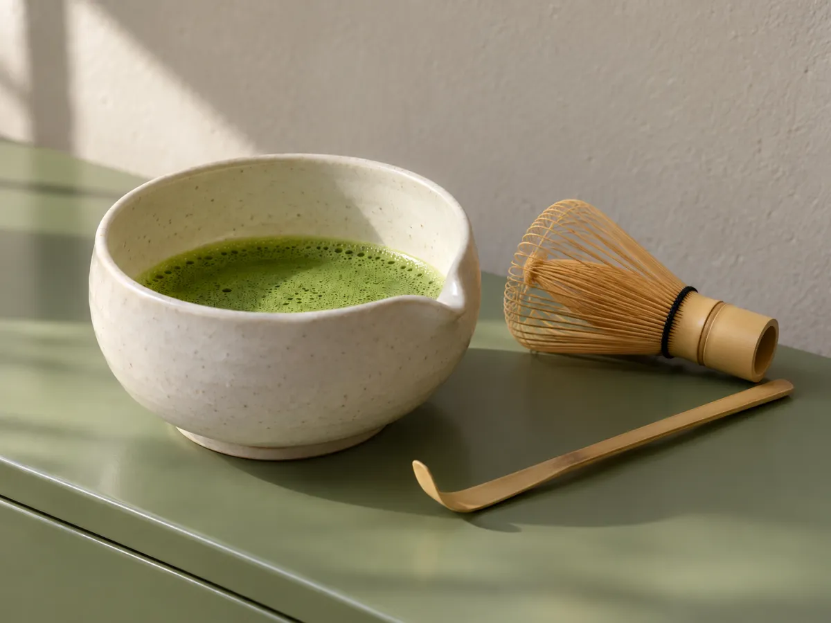 An off-white bowl of green matcha beside a bamboo whisk and scoop on a moss-green surface.