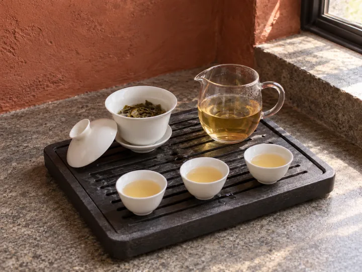A porcelain gaiwan with its lid beside it, a glass tea pitcher and three small cups on a dark draining tray against a russet wall.