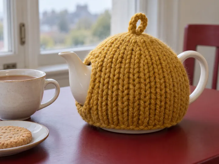 A mustard knitted tea cozy covering a white teapot, with its spout and handle exposed, on a red breakfast table.