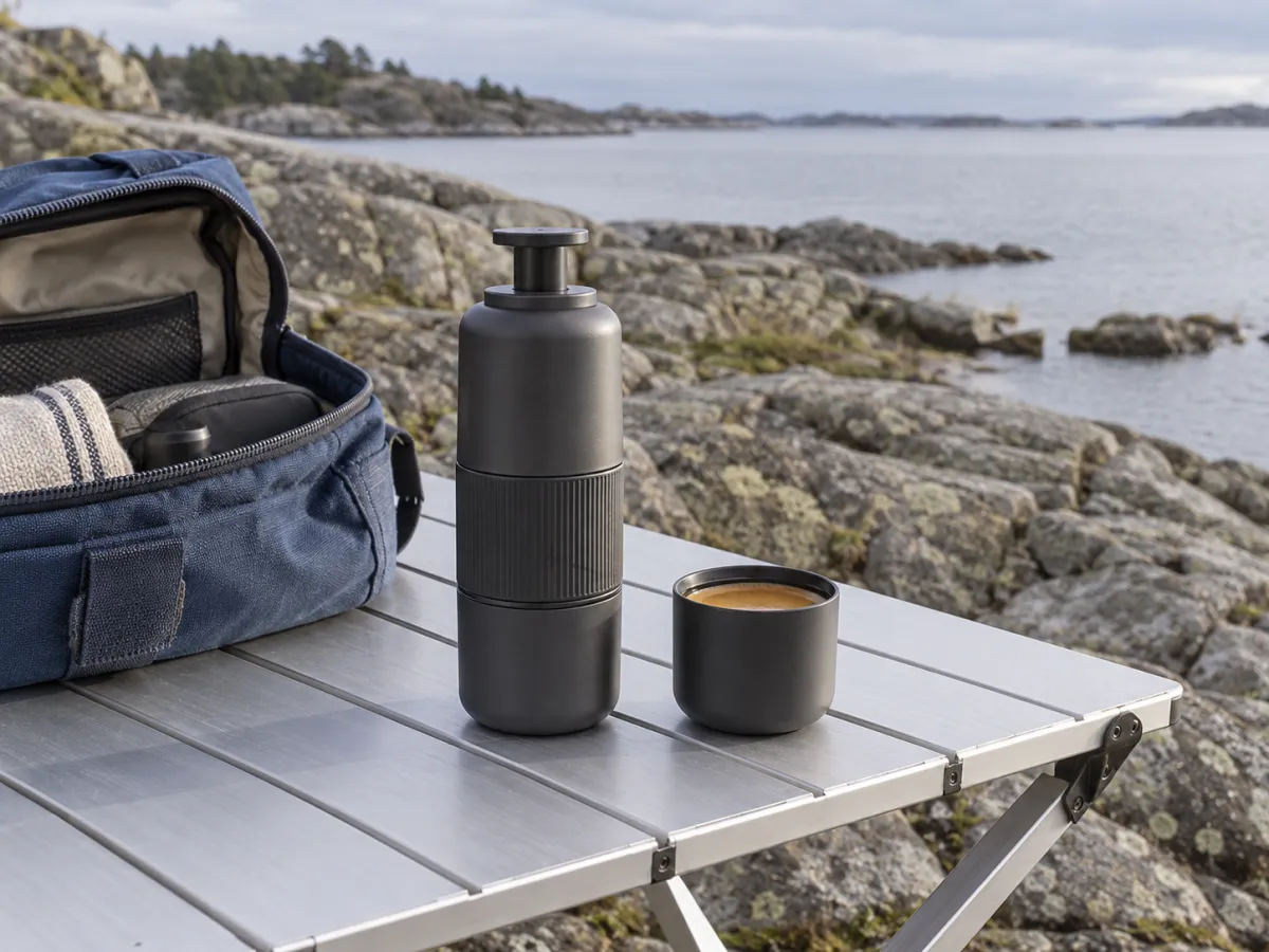 A compact charcoal portable espresso brewer and a small cup of espresso on an aluminum camping table beside a blue travel bag.