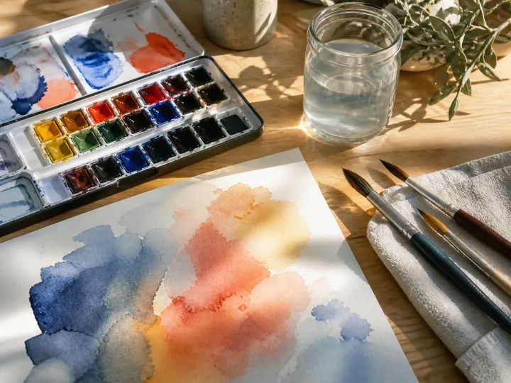 An open watercolor palette with brushes and loose abstract color washes on thick paper.