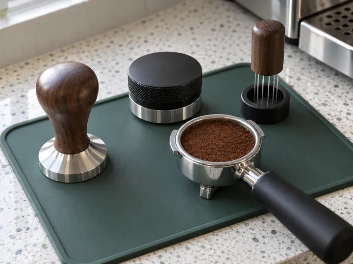 A steel tamper, round distributor and needle tool beside a coffee-filled portafilter on a dark green preparation mat.