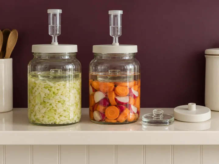 Two glass fermentation jars with airlocks and vegetables under brine, plus a spare glass weight and lid on an enamel shelf.
