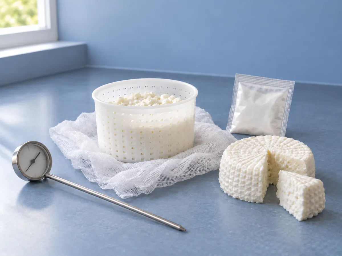 A cheese mold with fresh curds, cheesecloth, thermometer and small ingredient packet beside a round fresh cheese on a blue kitchen surface.
