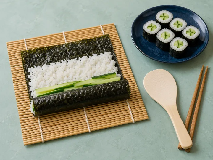 A bamboo rolling mat with nori, rice and cucumber beside finished maki rolls, a rice paddle and chopsticks on a green preparation surface.