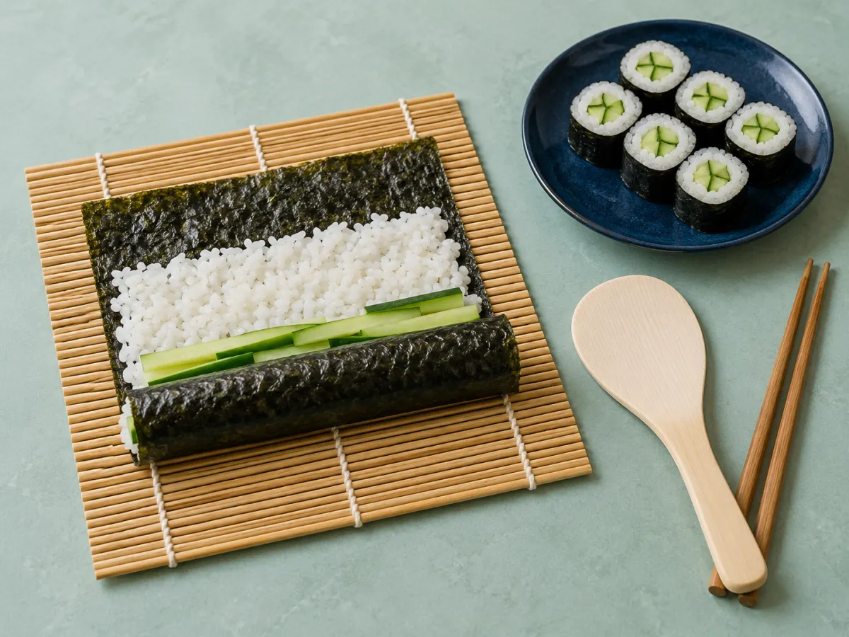 A bamboo rolling mat with nori, rice and cucumber beside finished maki rolls, a rice paddle and chopsticks on a green preparation surface.