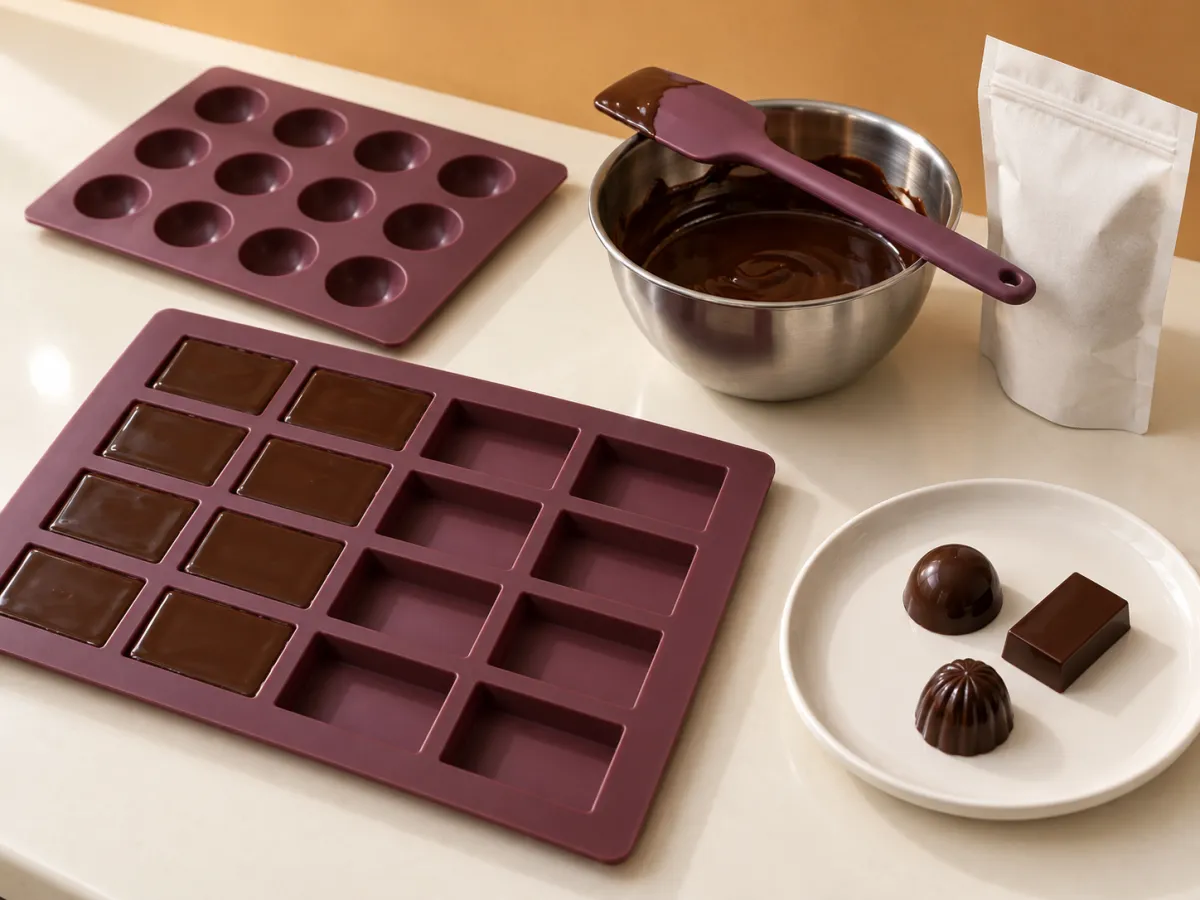 Chocolate molds, a small bowl of melted chocolate and a spatula beside a blank ingredient pouch and finished chocolates.