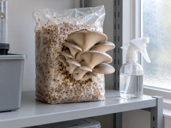 A cluster of oyster mushrooms growing from a prepared substrate pouch beside a clear spray bottle on a utility shelf.