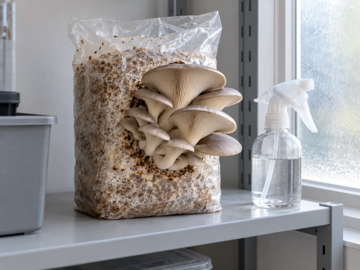 A cluster of oyster mushrooms growing from a prepared substrate pouch beside a clear spray bottle on a utility shelf.