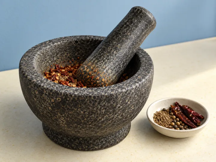 A dark stone mortar and matching pestle with crushed spices, beside a small dish of whole spices on a pale yellow counter.