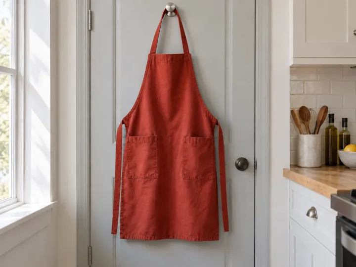 A rust-red cotton bib apron with front pockets and waist ties hanging from a hook on a pale kitchen door.
