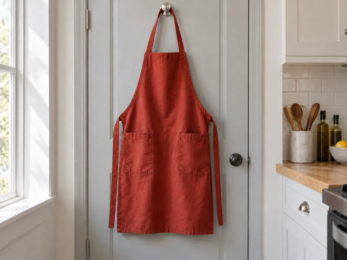 A rust-red cotton bib apron with front pockets and waist ties hanging from a hook on a pale kitchen door.
