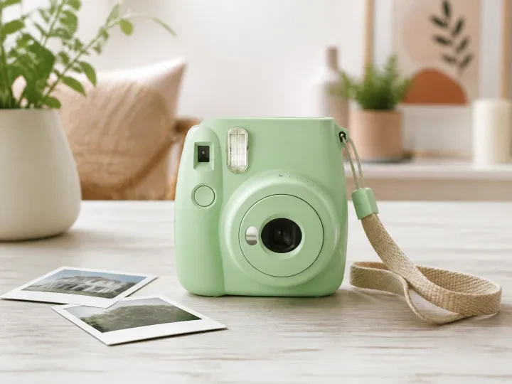 A pastel-green instant camera with two printed photographs on a light desk.
