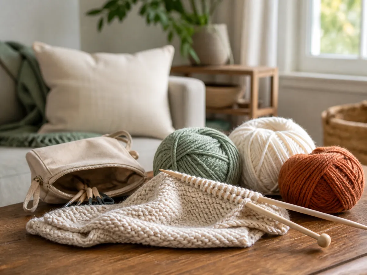 Soft yarn, wooden knitting needles and a partly knitted cream scarf on a wooden table.