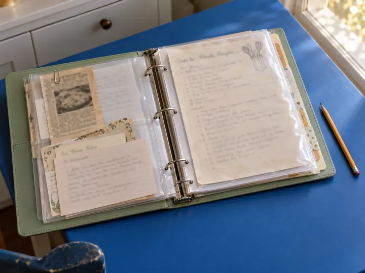 A green ring binder with protective sleeves containing handwritten recipes, cards and a clipping on a blue kitchen desk.