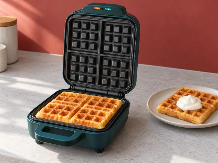 An open teal waffle maker with a cooked waffle in its grid, beside a serving plate on a gray kitchen counter.