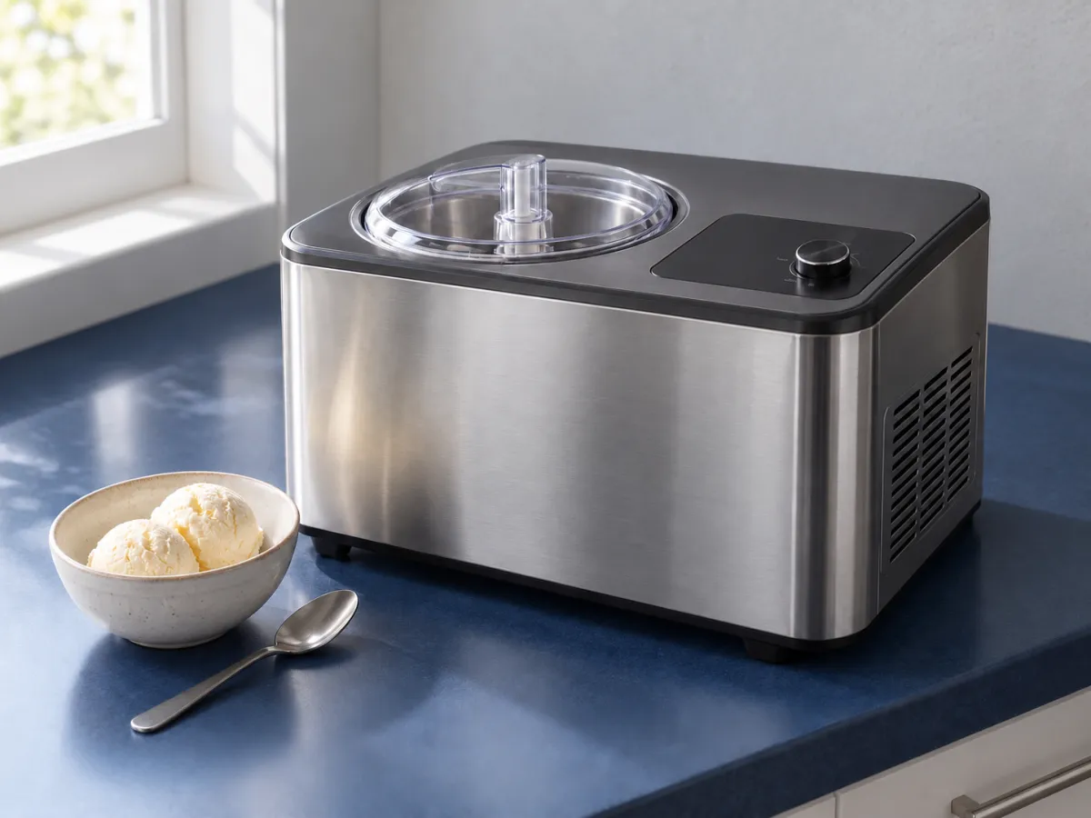 A compact stainless steel ice cream maker with a clear lid beside two vanilla scoops and a spoon on a dark blue counter.