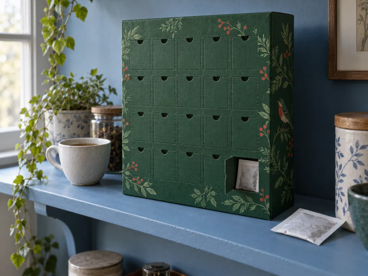 A green tea countdown box with small opening doors, a tea sachet and a cup on a blue kitchen shelf.