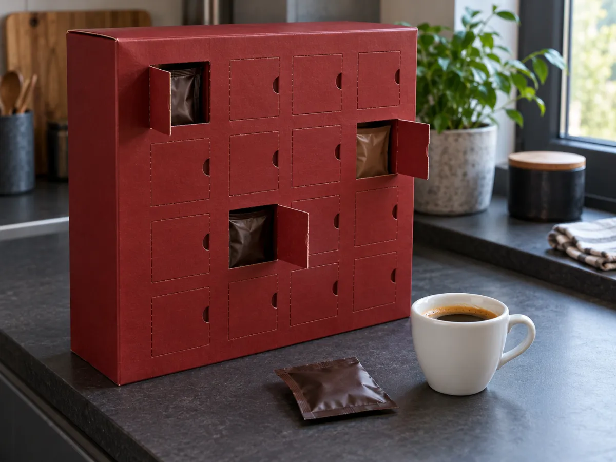 A red coffee countdown carton with opening doors, a coffee sachet and a white cup on a charcoal kitchen counter.
