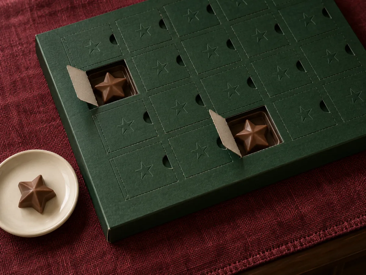 A green chocolate advent calendar on burgundy fabric, with two open doors revealing chocolate stars and one star on a small plate.