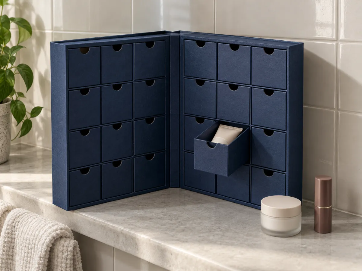 An open blue beauty countdown box with small drawers, a cosmetic tube in an open drawer and two closed cosmetics on a bathroom shelf.