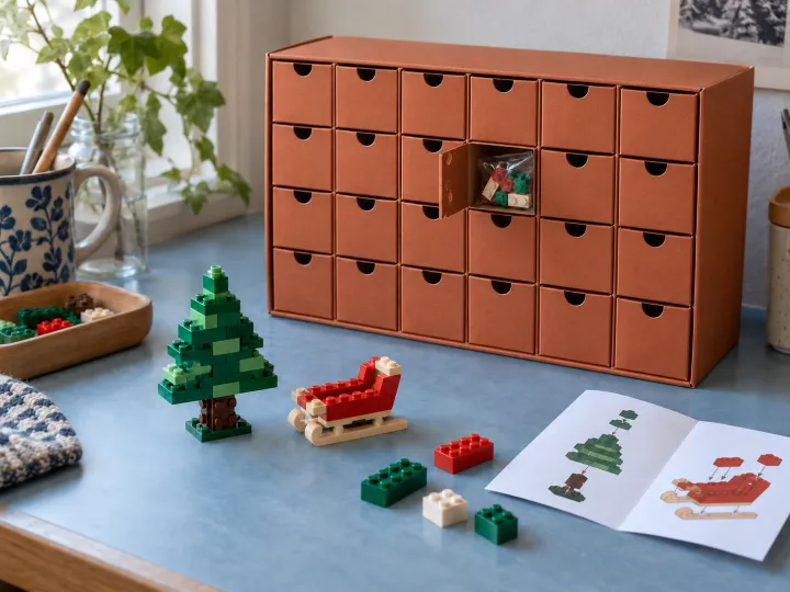 An open cardboard countdown box beside a small brick-built tree and sled on a blue craft desk.