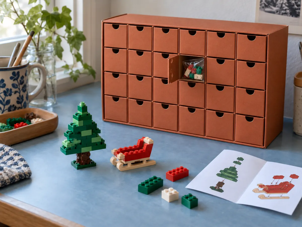 An open cardboard countdown box beside a small brick-built tree and sled on a blue craft desk.