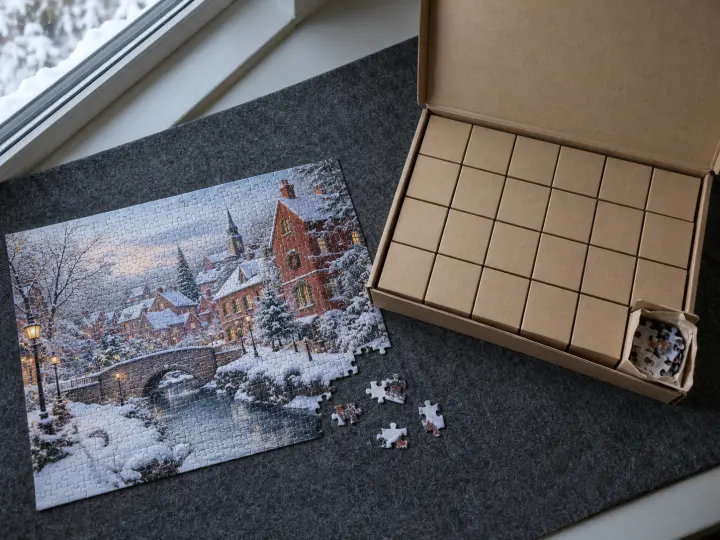 A puzzle countdown box with a partly completed snowy village jigsaw on a charcoal felt mat.