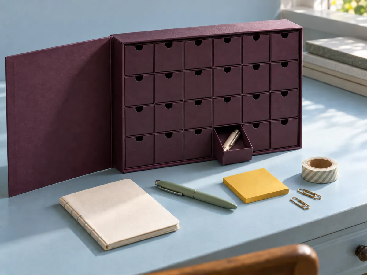 A plum stationery countdown box with a notebook, pen, sticky notes, paper clips and paper tape on a blue writing desk.