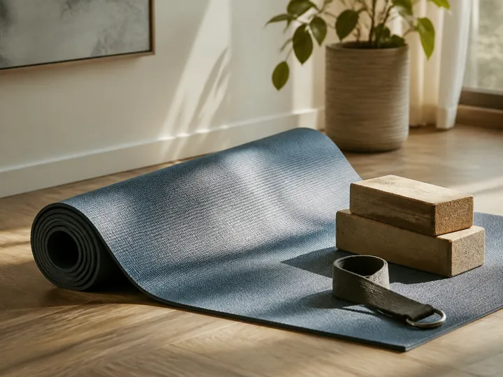 A high-quality unbranded yoga mat unrolled in a bright, peaceful home exercise space.