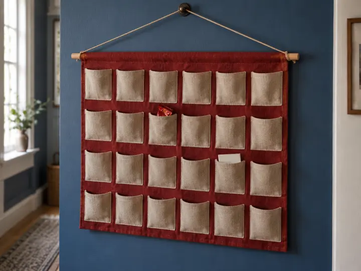 A reusable red and flax fabric advent calendar with 24 stitched pockets hanging on a blue hallway wall.