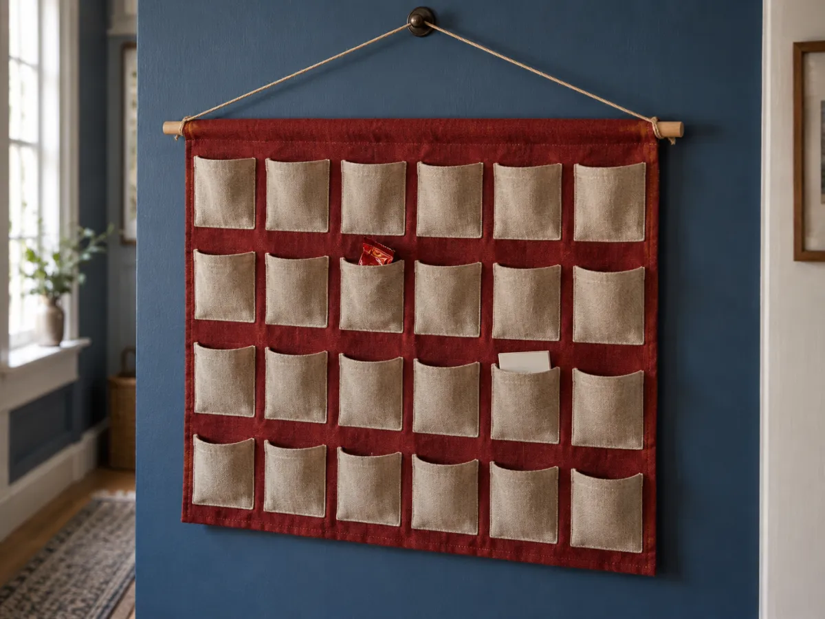 A reusable red and flax fabric advent calendar with 24 stitched pockets hanging on a blue hallway wall.