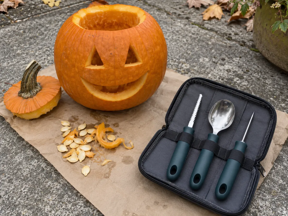 An open pumpkin carving tool case beside a hollowed orange jack-o'-lantern and its lid on a concrete patio.