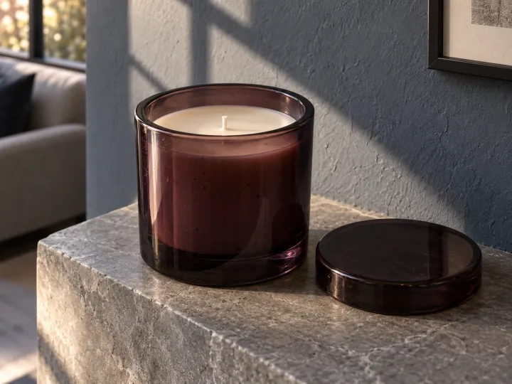 An unlit scented candle with a single wick in smoky purple glass, beside its matching lid on a gray stone ledge.