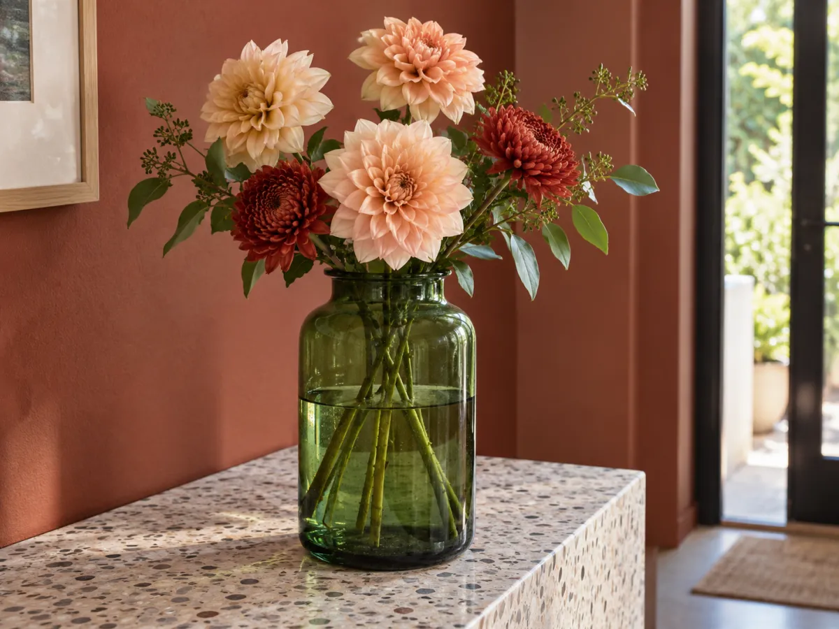 Cut apricot and rust-colored flowers in a green glass vase, with stems visible through the water, on a terrazzo console.