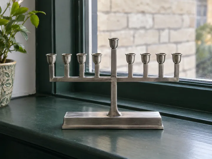 A brushed silver-colored Hanukkah menorah with eight level empty candle holders and a raised central holder on a green windowsill.