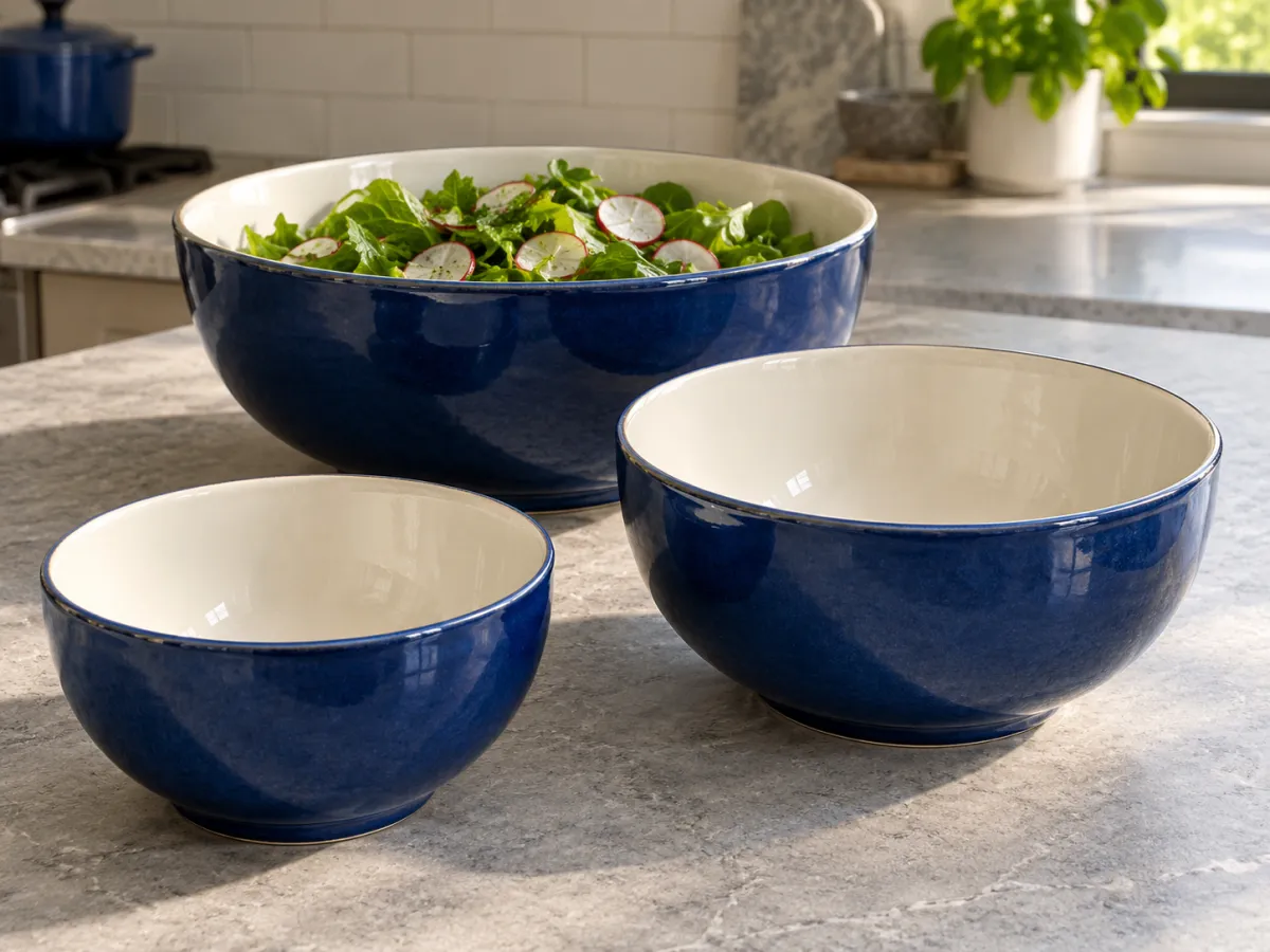 Three blue ceramic serving bowls on a stone kitchen counter, with a green salad in the largest bowl.