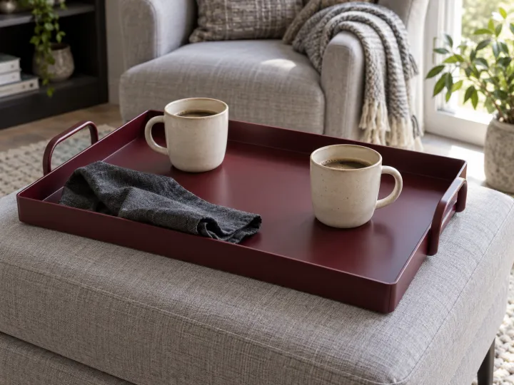 A burgundy metal serving tray with two cream mugs and a charcoal napkin on a gray upholstered footstool.