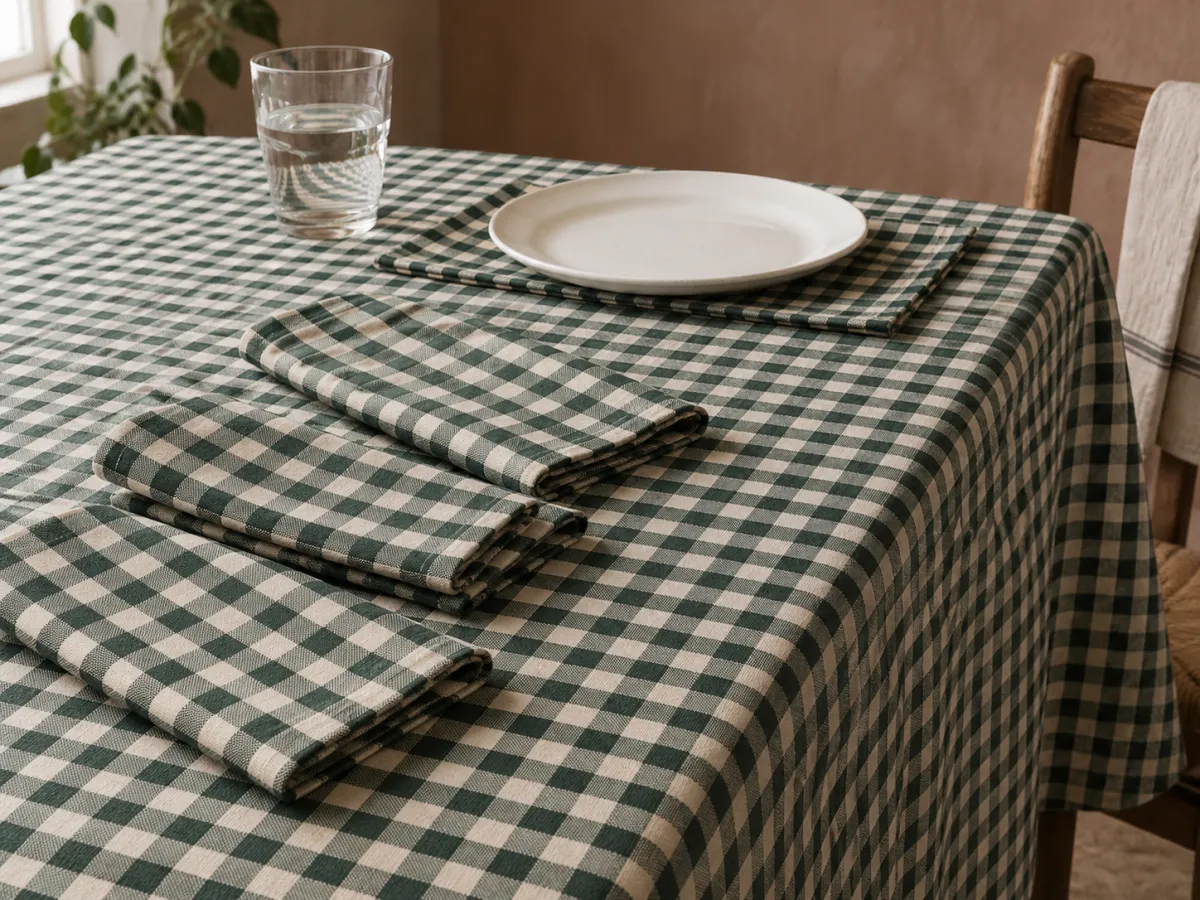 Green and ivory checked tablecloth and matching folded napkins, with a white plate and water glass.