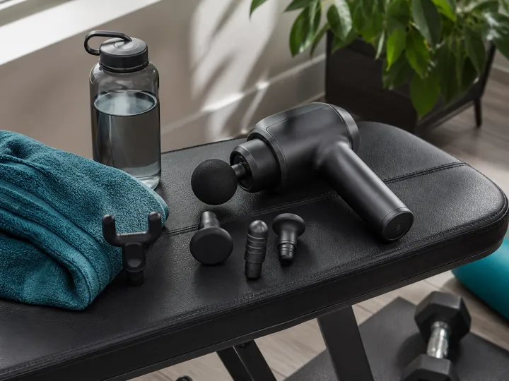 A compact unbranded massage gun with several attachments on a gym bench beside a towel.