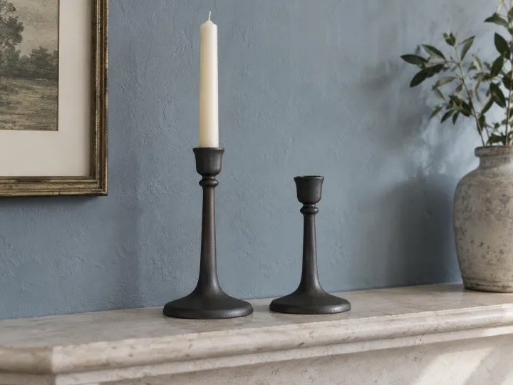 Two charcoal metal candlesticks on a pale stone mantel, one holding an unlit ivory taper candle.