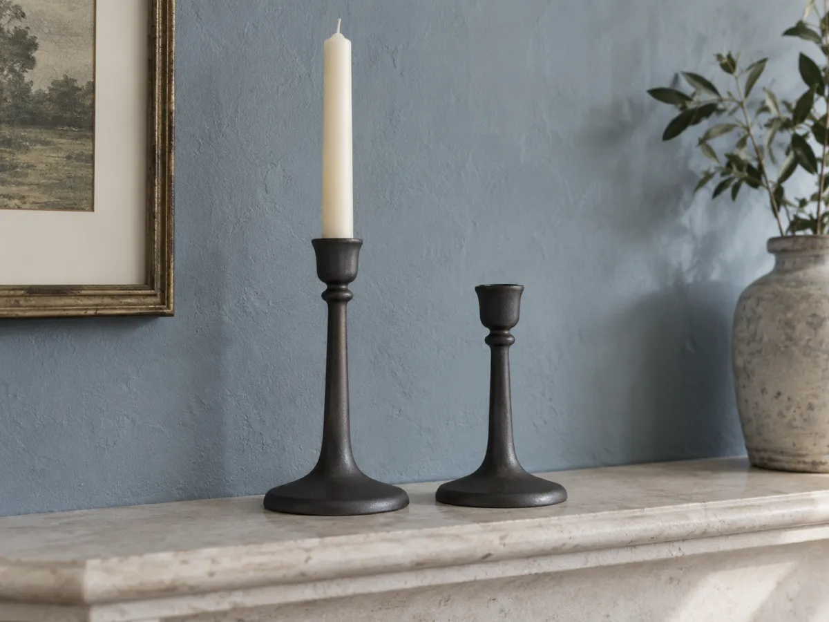Two charcoal metal candlesticks on a pale stone mantel, one holding an unlit ivory taper candle.