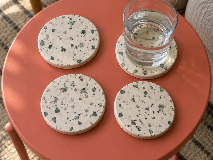 Four ivory speckled round drink coasters on a coral side table, with a water glass resting on one.