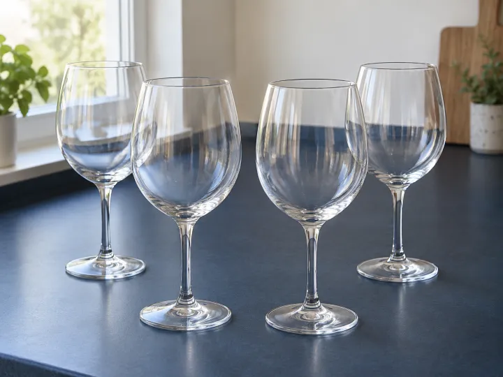 Four empty clear stemmed wine glasses on a midnight-blue kitchen counter.