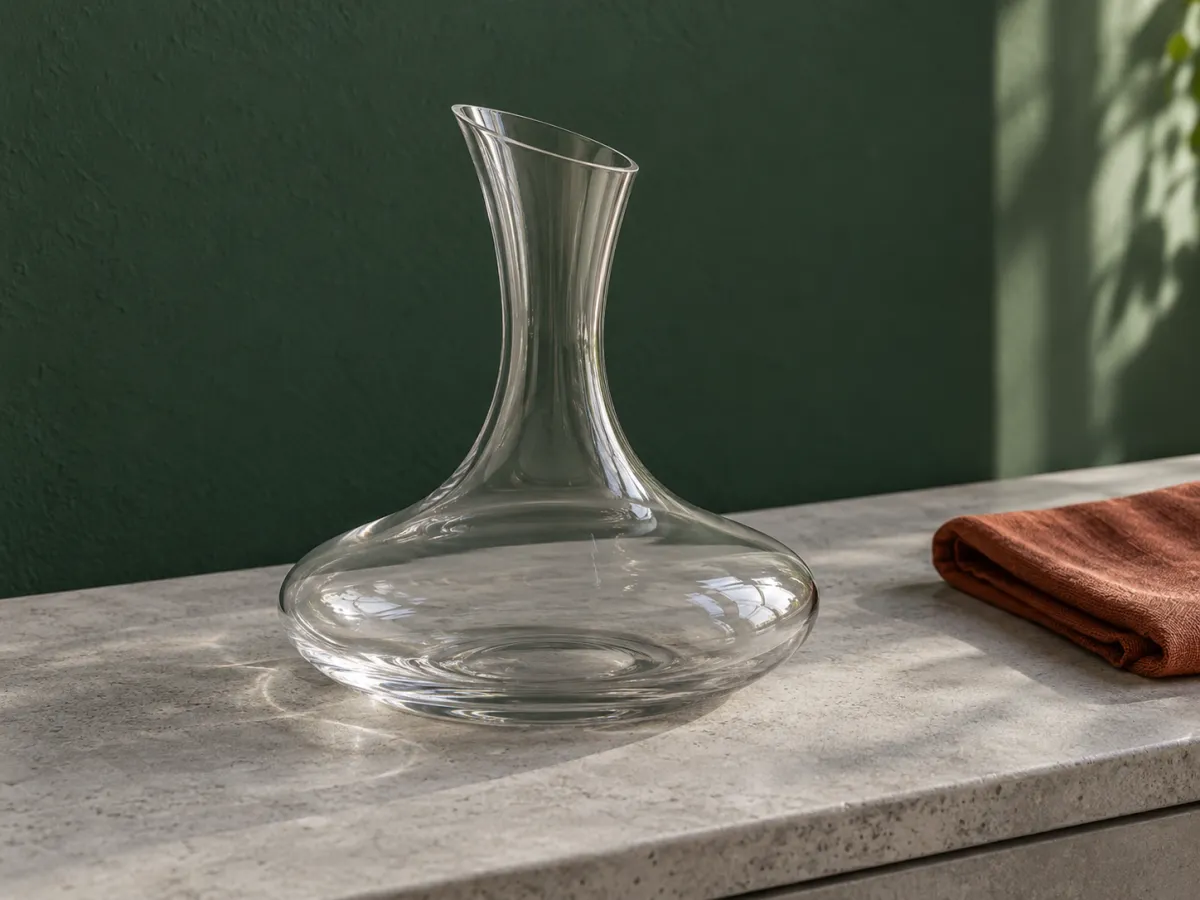 An empty clear wide-based wine decanter on a grey sideboard against a forest-green wall.
