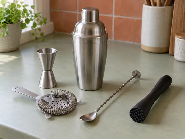 A stainless-steel cocktail shaker, double-ended measure, strainer, bar spoon and muddler on a pale sage worktop.