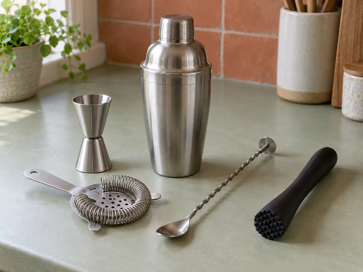A stainless-steel cocktail shaker, double-ended measure, strainer, bar spoon and muddler on a pale sage worktop.