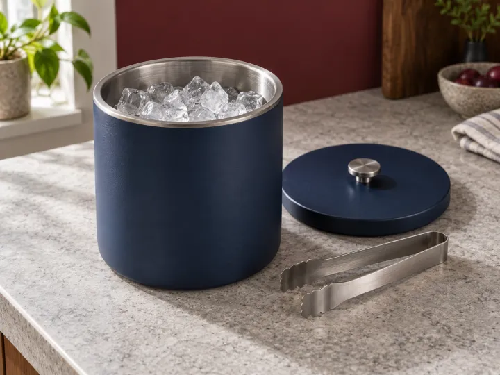 A navy ice bucket filled with ice, with its matching lid and metal tongs on a stone counter.