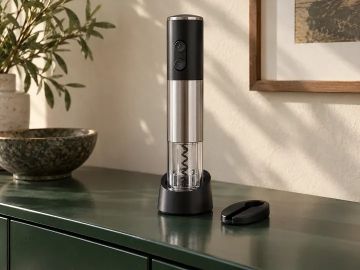 A silver electric corkscrew in a black stand, with a transparent lower section and separate foil cutter on a green sideboard.